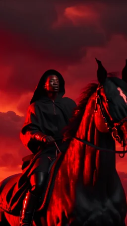 A black hoodedwoman in the back holding , both on a black wild horse ,escaping and jumping on fire ,red clouds in the sky with storm and cinematic scene 4k