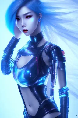 k-pop girl, dramatic lighting, blue hair, cyberpunk, hd, action pose