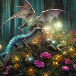 closeup of stunning baby dragon, iridescent wings, glittery scales, in forest with globes of light, flowers, 8k resolution, 3D octane render, intricate, sharp, crisp, digital art, detailed matte, volumetric lighting George Grie, Anne Dittman, Anne Stokes, Lisa Parker, Selina French, greg rutowski