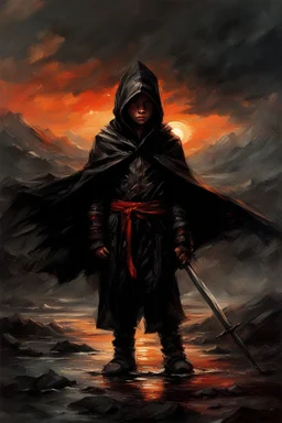 A formidable warrior-a 10-year-old boy in a black robe with a hood, on the background Amazing gloomy landscape, flooded with sunset, mountains, trees, fabulous scary hero, , juicy emotions, painting, dark fantasy, bad weather, gloomy day, dark world, by Raymond Swanland & Alyssa Monks & Anna Razumovskaya