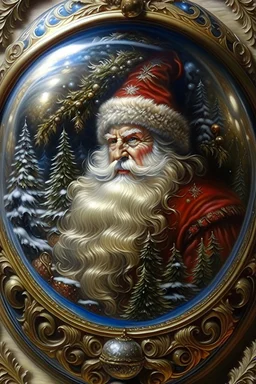 Beautiful old 1800's style oil painting, intricate beautiful detail of the highest grade, within a snowy ice palace is an icy crystal globe with Santa Claus long white beard inside by decorated Christmas tree, no flaws, perfect proportions, eyes and face perfect, do not show hands