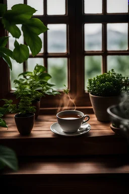 Hot tea on wooden table next to a window with lots of plants