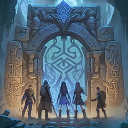 The Gate: A group of adventurers stands before a towering, otherworldly gate adorned with ancient runes. The gate is partially open, revealing a glimpse of a strange and terrifying dimension beyond.