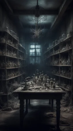 Si-Fi, The permanent under atmospheric lighting effects, a whole tables and shelves filled with old abandoned laboratory with spider wigs and weird skull ,intricate historical moody atmosphere, eerie grimdark ambiance, complex motherboard accents, speculative fiction art. Bokeh