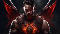 a warrior with broken bones sticking out of his chest. his eyes are made of embers covered with smoke. he is fighting Satan. blood, guts, gore. visceral.