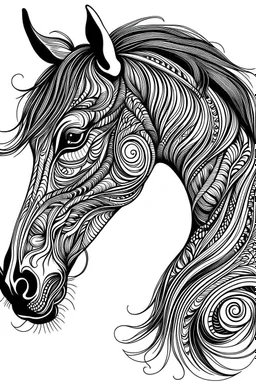 realistic horse head tattoo idea, line art, background, vector, svg, black outline on white background, leave plenty of white space beetween lines for coloring, tattoo style, tattoo idea,full body, minimalist