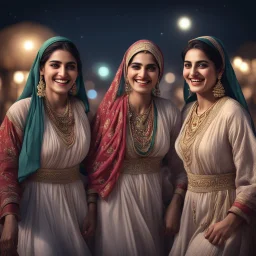 Hyper Realistic Pakistani Pukhtoon Women smiling & Dancing at night