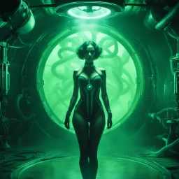 Glamorous female, in an alien laboratory, bound inside an insidious transformation chamber surrounded by radioactive smoke. the lower part of her body is captured by a radioactive octopus