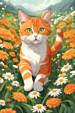 (((Animagine style))), (((Anime 90 style))), Cute orange cat with dark orange stripes and white underbelly trotting through a field of flowers, green eyes