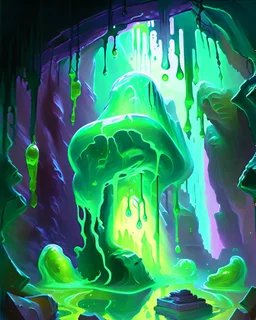 a slimy dripping gelatinous cube in vast cavern room painterly