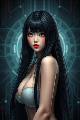 Beautiful Japanese woman, very long black hair, very serious, scared, red lips, black eyes, nice body, big bubs, with dark and gloomy technological background, high image quality, good understanding of artificial intelligence to create the image.