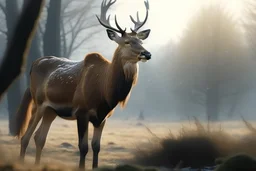 4K photo-realistic image. A mature red deer tall and proud in Richmond Park, London. Standing sideways but looking forward. Hyper realistic. Photorealism. Early morning, golden white, winter light. Snow on the ground and flecks of snow on the antlers A mist with the sun streaming through the trees like shards. Perspective: looking up at the deer.