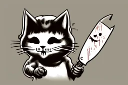 Cat diabolical smiling with a bloody knife with blood. Illustration.