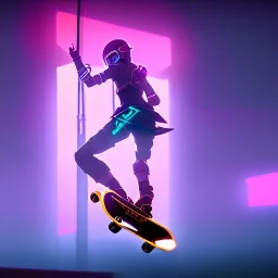 ninja riding a skateboard; in an alternate universe in tokyo; cyberpunk; rain; neon signs