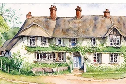 Detailed loose watercolour of an English cottage