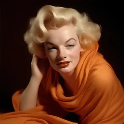 A photograph of disheveled marilyn monroe, , tired, eyes closed, no make up, in the style of milton greene, light orange silk scarf around her shoulders, soft bacground