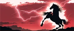 full silhouette of a horse rearing up(on left side, outlined by lighting), red sky, lightning bolts(from top to bottom left), in the speed force