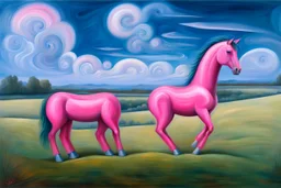 strange Big pink plastic horse.19th painting