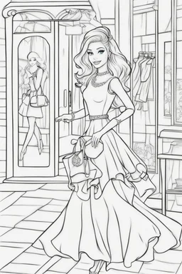 outline art for kids barbie coloring pages with barbie shopping , no background, sketch style, full body, only use outline, mandala style, clean line art, white background, no shadows and clear and well outlined. should look exactly like barbie