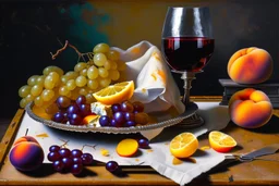 Create a masterpiece an oil painting on cracked canvas: of a Gleaming melting chrome serving tray with spent wine, partially decayed grapes, peaches, oranges, lemon's, walnuts, discarded dry stale bread and mouldy cheese, cloth draped over an old wooden ultra textured table, ultra-realistic portrayal, 8k resolution, rich cool tones, intricate textures, reflections, flawlessly polished exteriors, rule of thirds futuristic concept art of a still life Masterpiece. Modifiers: trending on Artstation