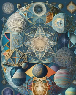 A mesmerizing, geometric representation of the cosmos, with planets, stars, and galaxies arranged in intricate, mathematical patterns, in the style of sacred geometry art, precise linework, harmonious color palettes, and intricate symbolism, 14K resolution, influenced by the works of M.C. Escher and Leonardo da Vinci, highlighting the underlying order of the universe.