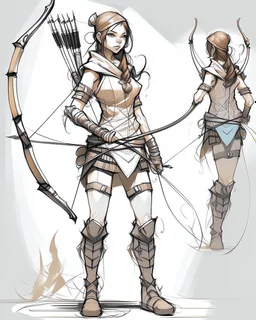 Girl Archer concept art, full body, sketch, coll style, bow
