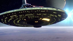 a screen capture from a star trek movie of a battle-damaged starship enterprise IN the year 2380 IS IN A BATTLE with monster ufos sci-fi meticulous, highly-polished, photorealistic, studio production, intricately detailed, GALACTIC, directed by gene Roddenberry, looking down and from the left rearcorner,visiblaftalsdjfafterburner