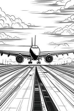 Outline art, no shading, plane on the road, cartoon style, black and white, low detail, --ar 9:11