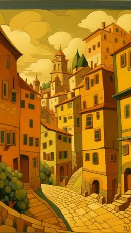 A brown city with blocky buildings painted by Paul Ranson