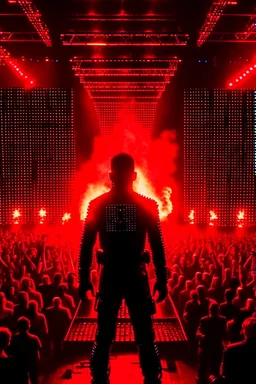 4K realistic, Terminator crowd at a rammstein concert, Till Lindemans back on stage, back, arms spread and on fire, flames everywhere.