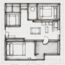 blueprint, one room, plan, illustration, aged, WITH FURNITURE