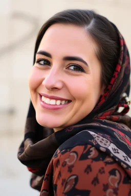 Palestinian woman with a beautiful face, turning her face slightly to the right, a beautiful smile, her mouth closed, not showing her teeth