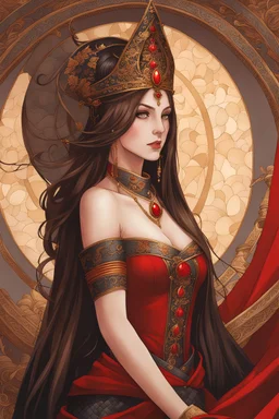 woman with long brown hair and red eyes, medieval concubine, anime style, highly detailed, intricate background, red and black clothes, Greg Rutkowski