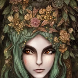 karlan, rusty metal, anime, Dryad, fae, sidhe, ominous, nature, plants, wildflower, facepaint, dnd character portrait, intricate, oil on canvas, masterpiece, expert, insanely detailed, 4k resolution, retroanime style, cute big circular reflective eyes, cinematic smooth, intricate detail , soft smooth lighting, soft pastel colors, painted Renaissance style