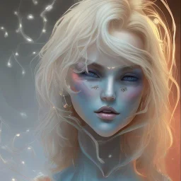 jolie visage de fée peau bleue ,longs cheveux blonds , fond bleu,Character Design, magician