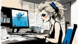 [in her dark office with a pervert smile, by Ralph Steadman] Name: Nancy Occupation: Mid-level Contract Demon at Infernal Affairs Inc. Features: Hair: blonde with a sauerkraut hairdo Skin: light Eyes: blue Build: athletic and curvy Extra Details: small horns