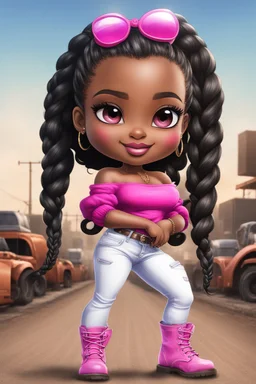 Create a digital airbrush cartoon of a curvy African American chibi female wearing tight white jeans and a off the shoulder hot pink blouse. She is also wearing timberland boots. Prominent make up with hazel eyes. Highly detailed very long extremely braids of black hair. Her skin is smooth and silky. Background of a track of ATV riders.