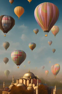 Create a whimsical scene of hot air balloons floating above Istanbul, with fantastical creatures like unicorns and griffins soaring alongside, painting the sky with vibrant colors.