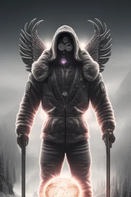 running berserker portrait , no face, black jogging suite , in the night Alps , holding coins , angels background, volumetric light, high detail, dark leaf tree, dark mountains in background, perfect, HR Giger style