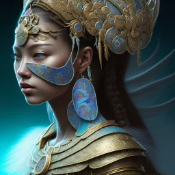 Sango fantasy, fantasy magic, intricate, sharp focus, illustration, highly detailed, digital painting, concept art, matte, art germ and Paul Lewin and Kehinde Wiley, masterpiece Mayan princess dancer head bronze feather's' Asian Latin girl nice breast brown Thai hair turquoise silver blue sky