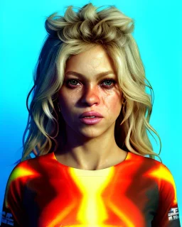 portrait, Shakira, blonde artist, angry, Realistic image, MMA robe, hoodie, mouthguard, nose, band aid, loose long hair, eyes make up, line gold make up, glow, circle iris. Rain, fog, Neon colors, leds. Dark background, photo studio, concept art, smooth, unreal engine 5, god lights, ray tracing, RTX, lumen lighting, ultra detail, volumetric lighting, 3d, finely drawn, high definition, 4k.