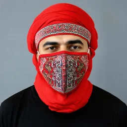 men ,modernism ,Full face mask. Made of carpet. With symbols of Iranian carpets and Iranian culture. Modeling photo using red colors.