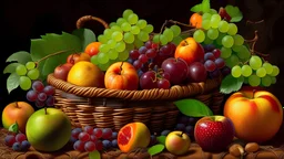 In the center of the composition, a variety of fruits such as ripe apples, juicy oranges and succulent grapes are artfully displayed in a woven basket, whose vibrant colors add a touch of freshness to the scene. The fruits exude a sense of natural beauty and abundance