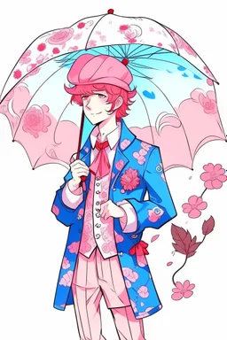 kind sailor, man, red slightly curly hair, long jacket, pink-azure clothes, pink-azure cocked hat, white floral pattern on the jacket, flower in the hair. Pink and blue umbrella.