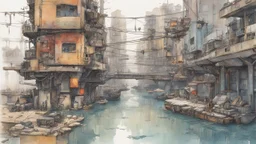 Water-level view of buildings made of reused dirty rusty metal next to futuristic canal junction, cyberpunk, many painted colours, flying boats, balconies, bridges, people, shopping, eating, walking, fifth element, ghost in the shell, altered carbon, Ian McQue, lineart and watercolour