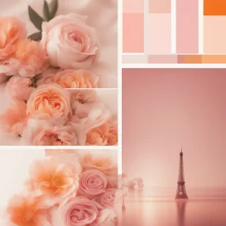 romantic mood board, warm pink and orange colours, photo quality