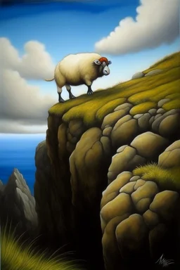 Big nose sheep Lemming cliff diver that is about to hit an ambolt, prize winning oil painting