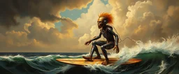 master oil painting by Rembrandt, viggo sandvik as insane wild ginger robot on surfboard, goa trance glitch poster
