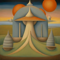 art by "Bridget Bate Tichenor", painting, landscape , Feigned The Palace Beyond Good and Evil, at Dawn, Illustration, Hopeless, 70s Science Fiction, Provia, overly complex style