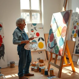Elderly artist with curly gray hair painting abstract art in sunlit studio, blue denim overalls, holding brush and palette, large colorful canvas with geometric circles and organic forms, "Controlled Spontaneity" artwork, paint cans on floor, wooden easel, natural lighting --ar 16:9 --v 6.1 --style raw --q 2